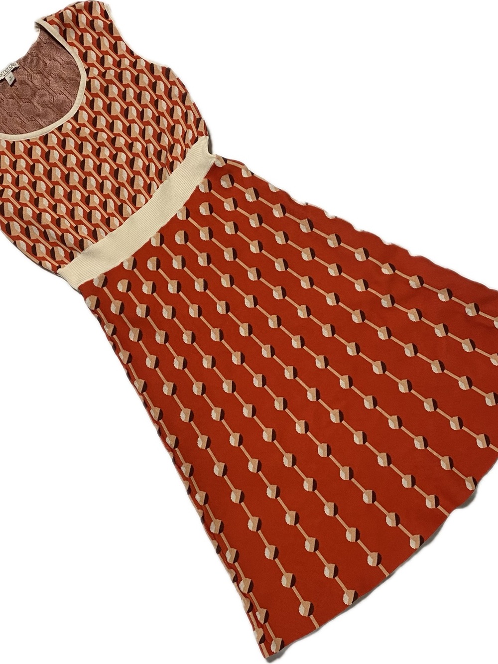 Rust & Cream Geometric Fit-and-Flare Midi Dress